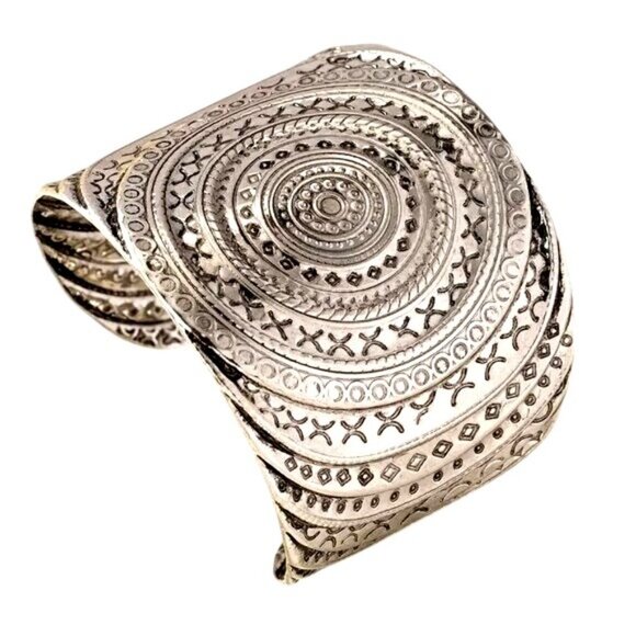 Aztec Inspired Silver Cuff Adjustable Boho Western Theme Substantial Size - Picture 3 of 3
